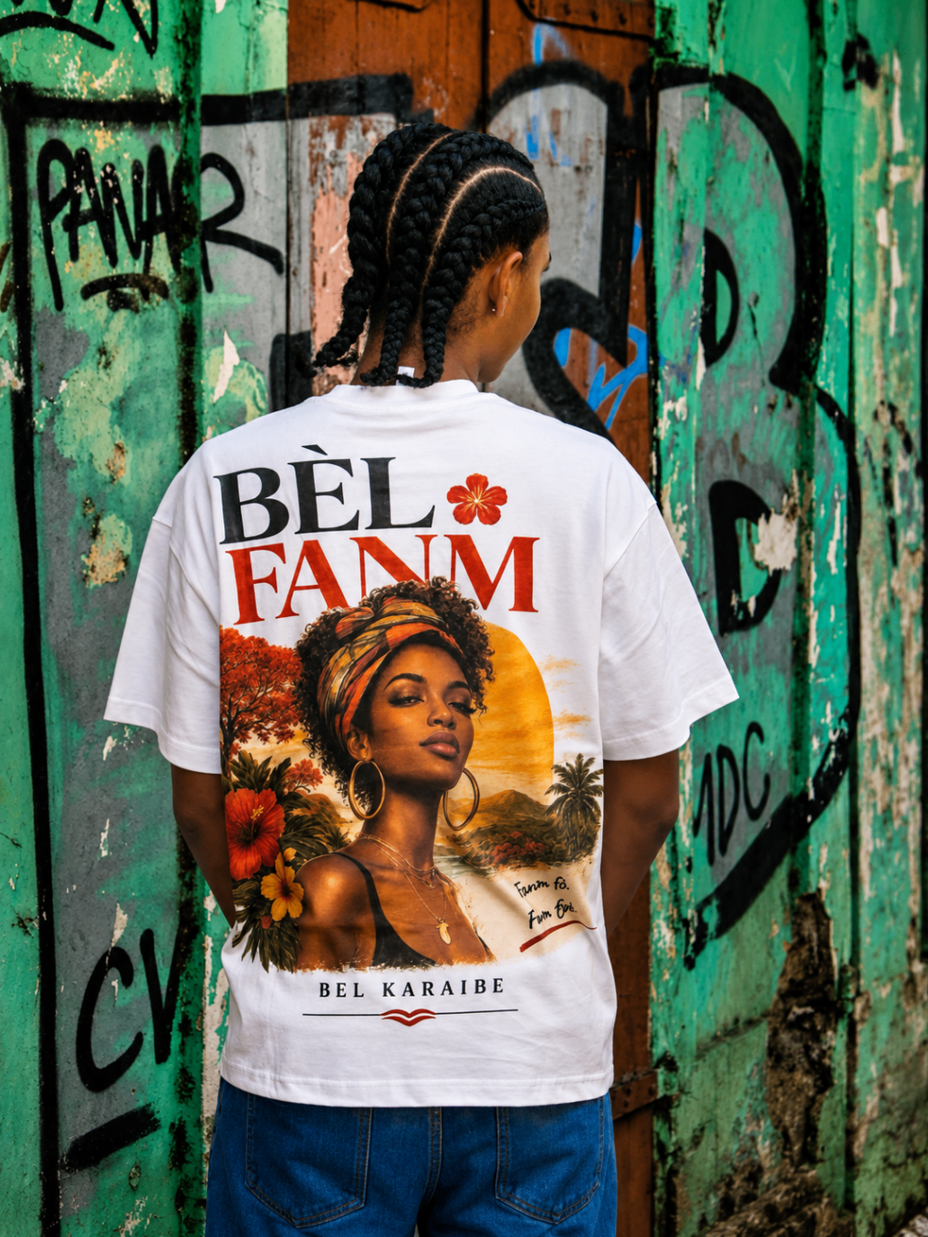 Mannequin de dos en t-shirt BÈL FANM devant un mur vert